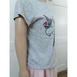 Grijs eenhoorn heen en weer shirt maat 128 (345)