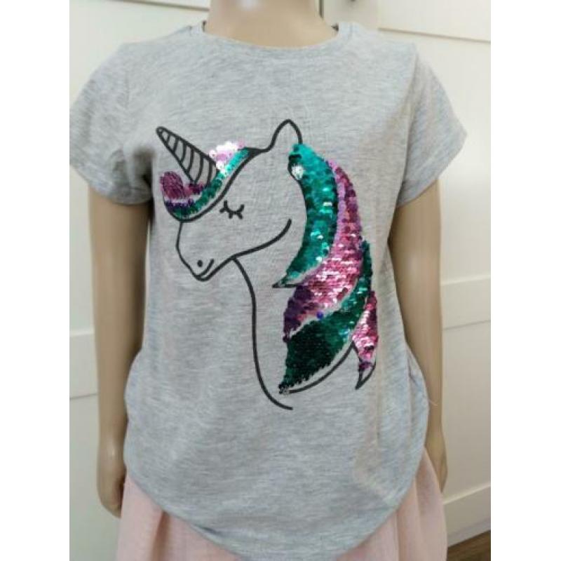 Grijs eenhoorn heen en weer shirt maat 128 (345)