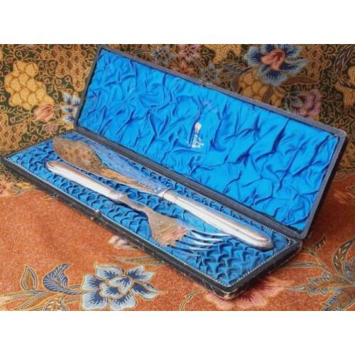 Mooi antiek Engels silverplate viscouvert in etui 11-35 cm.