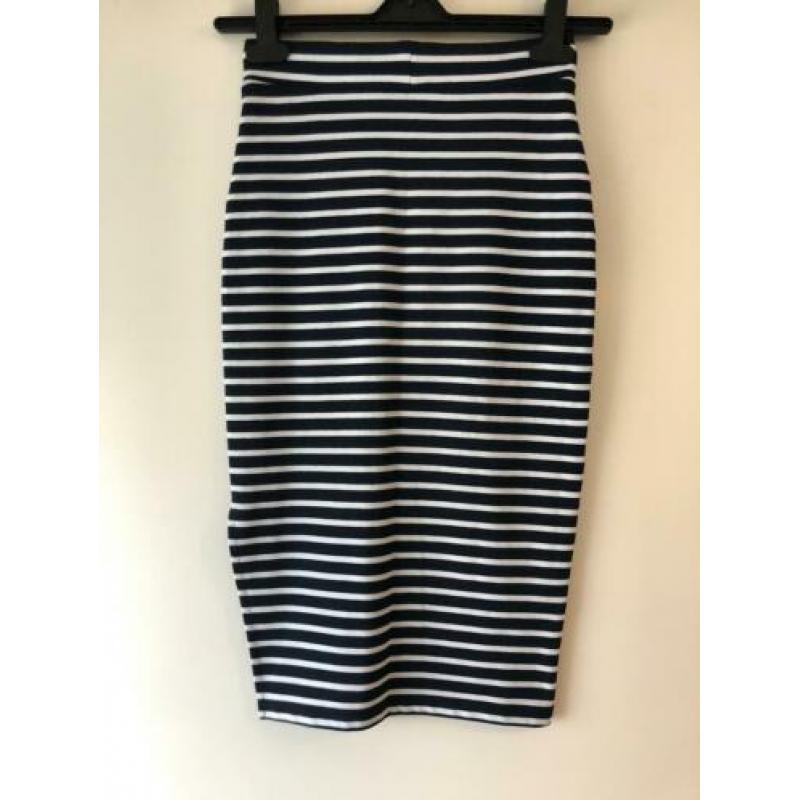 Supertrash kokerrok met split blauw wit gestreept maat 34 xs