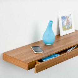 Zwevende wandplank (Duraline) met smalle lade. Eiken