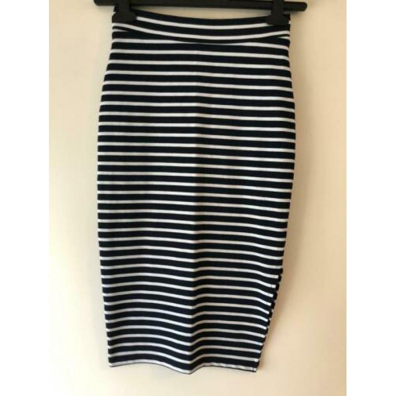Supertrash kokerrok met split blauw wit gestreept maat 34 xs