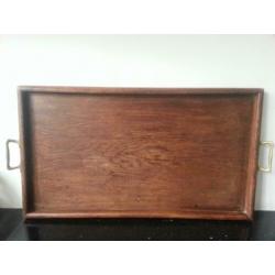 Brocante eiken dienblad met koperen handvatten fifties