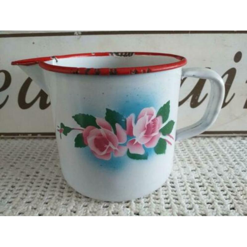 Oud Emaille Kannetje Bloemen * Rozen * Gebloemd