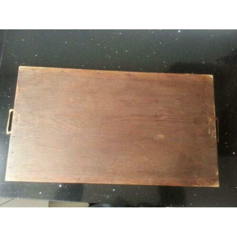 Brocante eiken dienblad met koperen handvatten fifties