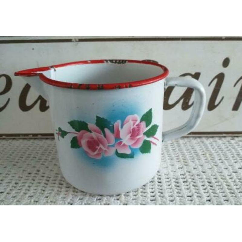 Oud Emaille Kannetje Bloemen * Rozen * Gebloemd