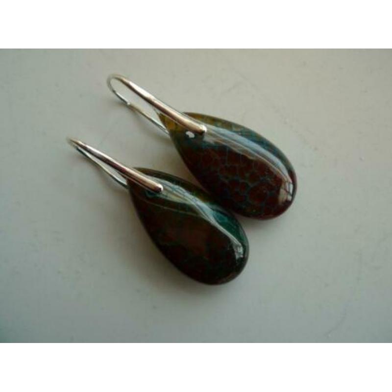 bruin/blauwe dragon veins agaat oorbellen met goud/zilv. oor