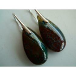bruin/blauwe dragon veins agaat oorbellen met goud/zilv. oor
