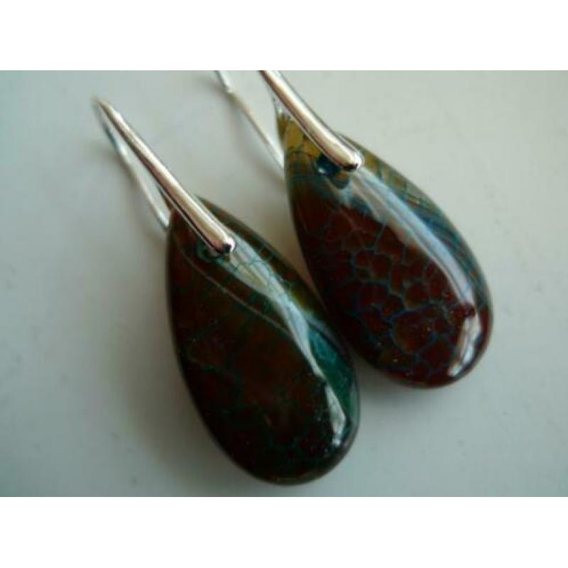 bruin/blauwe dragon veins agaat oorbellen met goud/zilv. oor