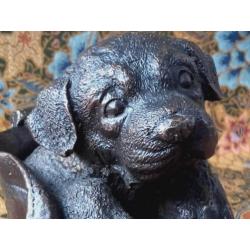 Oud brons beeldje uit Engeland als hond in een schoen 15 cm.