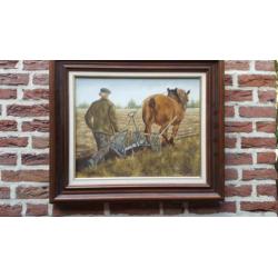 olieverf op doek ploegende boer met werk paard H.van Deurzen