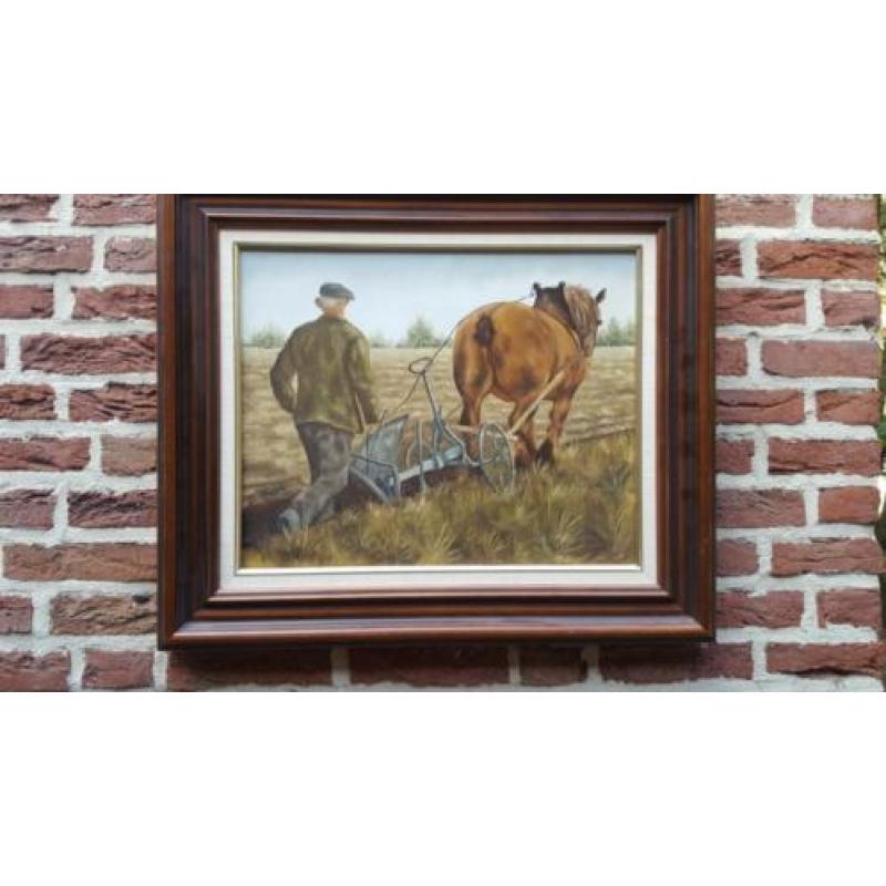 olieverf op doek ploegende boer met werk paard H.van Deurzen