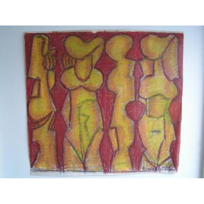 Hubert Bekman De 4 gestalten een "Tekening" in rood en geel