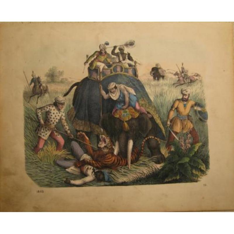 ets, gravure, lithografie, tijgerjacht, Indië 1860