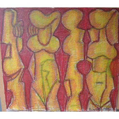 Hubert Bekman De 4 gestalten een "Tekening" in rood en geel