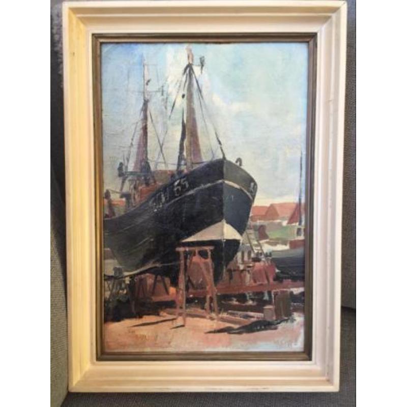 Schilderij olieverf boot in dok ong 1930-1940