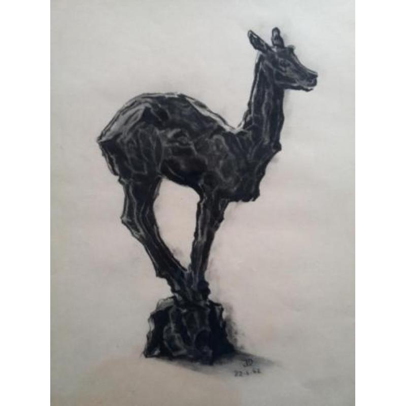 Vintage Art Deco tekening hertenbeeldje uit de jaren '60