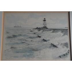 AQUAREL * TERNEUZEN DAM MET VUURTOREN * Gesigneerd *