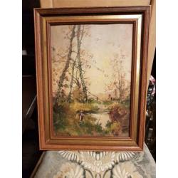 olieverf schilderij op hout vrouw/meisje in het bos