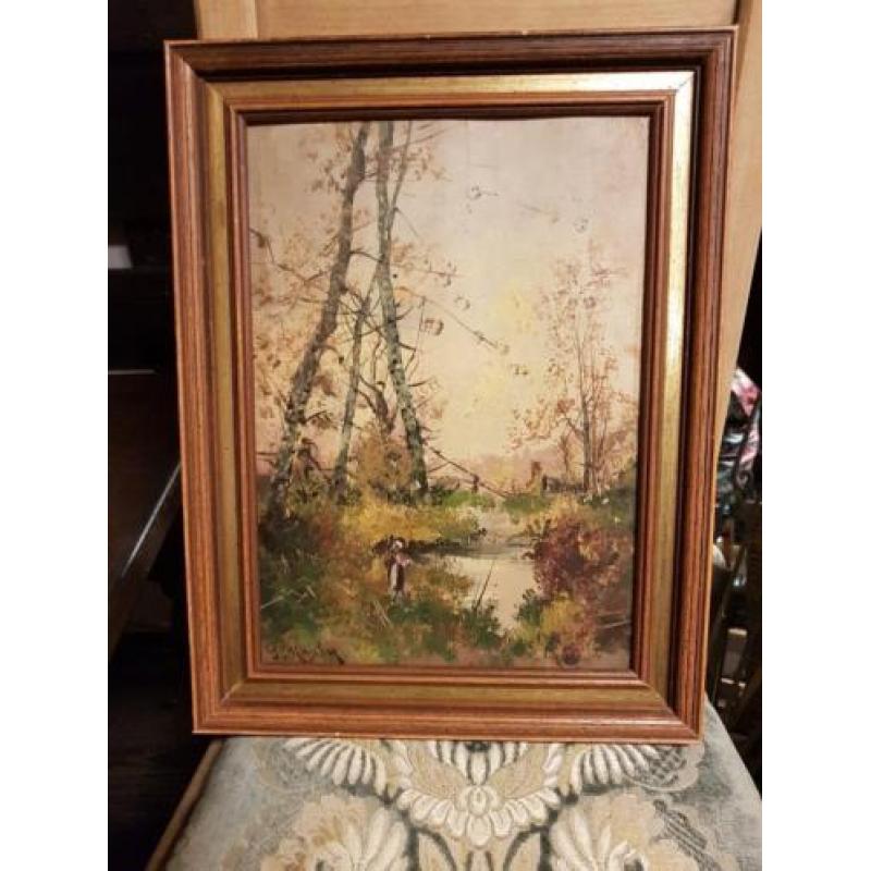 olieverf schilderij op hout vrouw/meisje in het bos