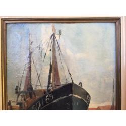 Schilderij olieverf boot in dok ong 1930-1940