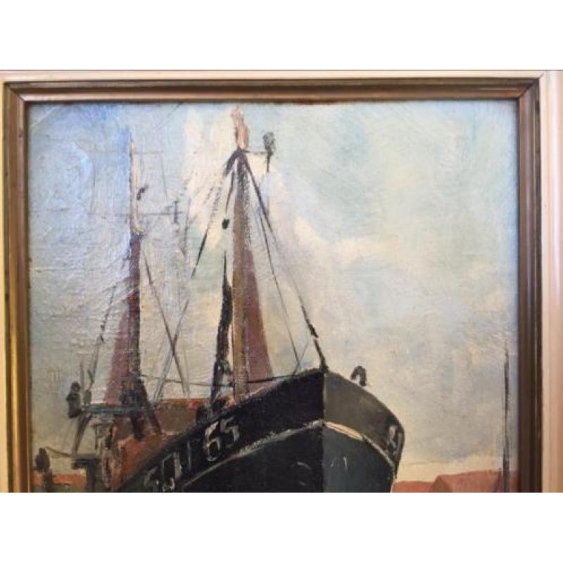 Schilderij olieverf boot in dok ong 1930-1940
