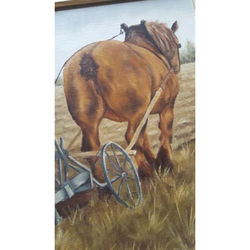 olieverf op doek ploegende boer met werk paard H.van Deurzen