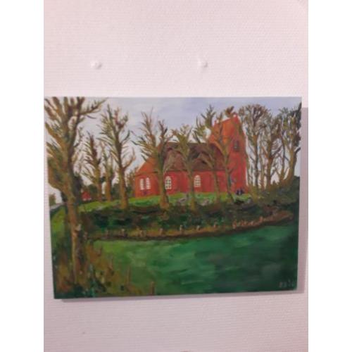 Schilderij klassiek acrylverf kunst: Kerk op terp Oostum.