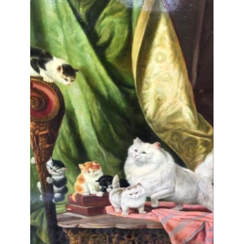 Poezenschilderij met witte poes J. van Doorn