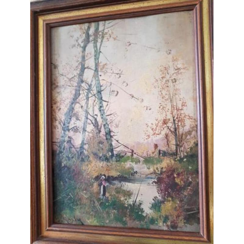 olieverf schilderij op hout vrouw/meisje in het bos