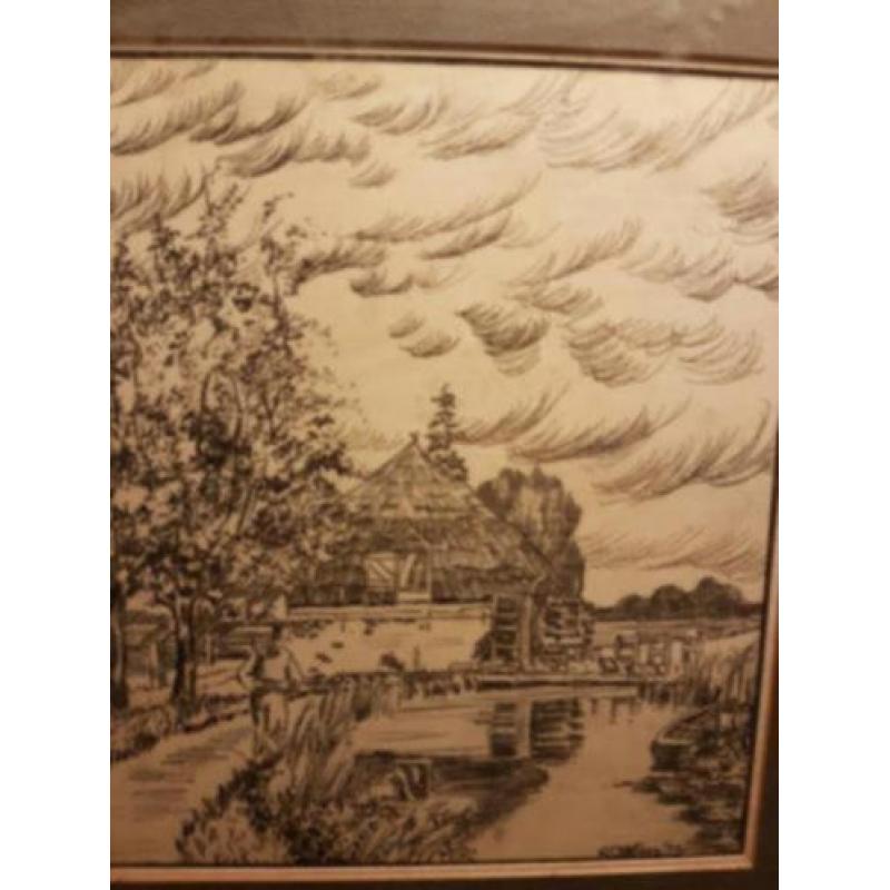 Prachtige Tekening verdwenen molen Voorsterbeek 1939!! Kroon