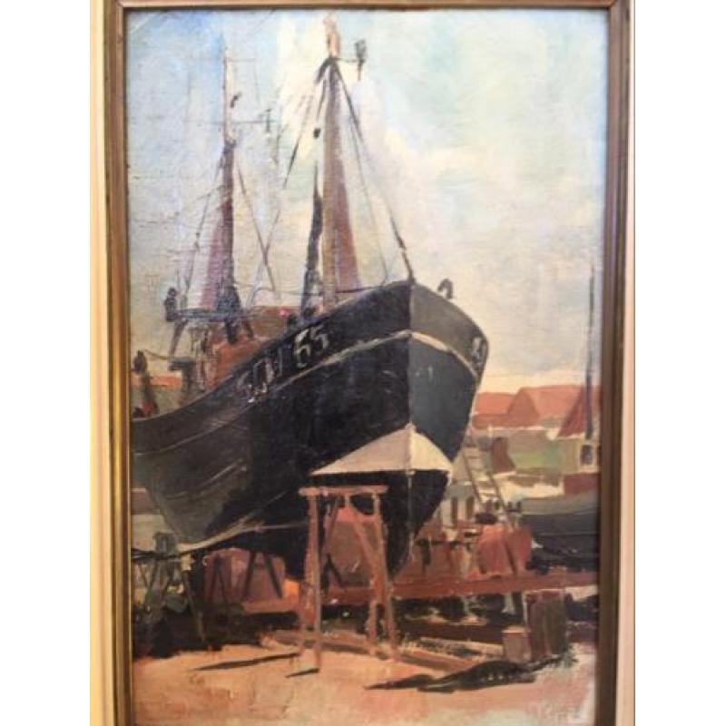 Schilderij olieverf boot in dok ong 1930-1940