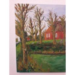 Schilderij klassiek acrylverf kunst: Kerk op terp Oostum.