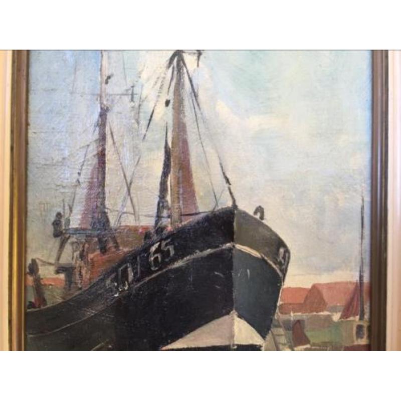 Schilderij olieverf boot in dok ong 1930-1940