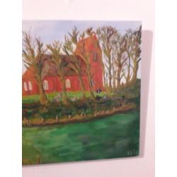 Schilderij klassiek acrylverf kunst: Kerk op terp Oostum.