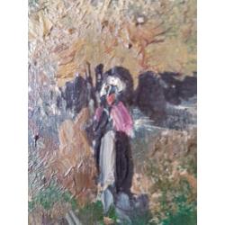 olieverf schilderij op hout vrouw/meisje in het bos
