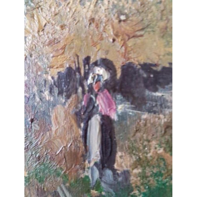 olieverf schilderij op hout vrouw/meisje in het bos