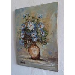 Oud Schilderij ,olieverf op paneel,bloemen ,blauw,gesigneer