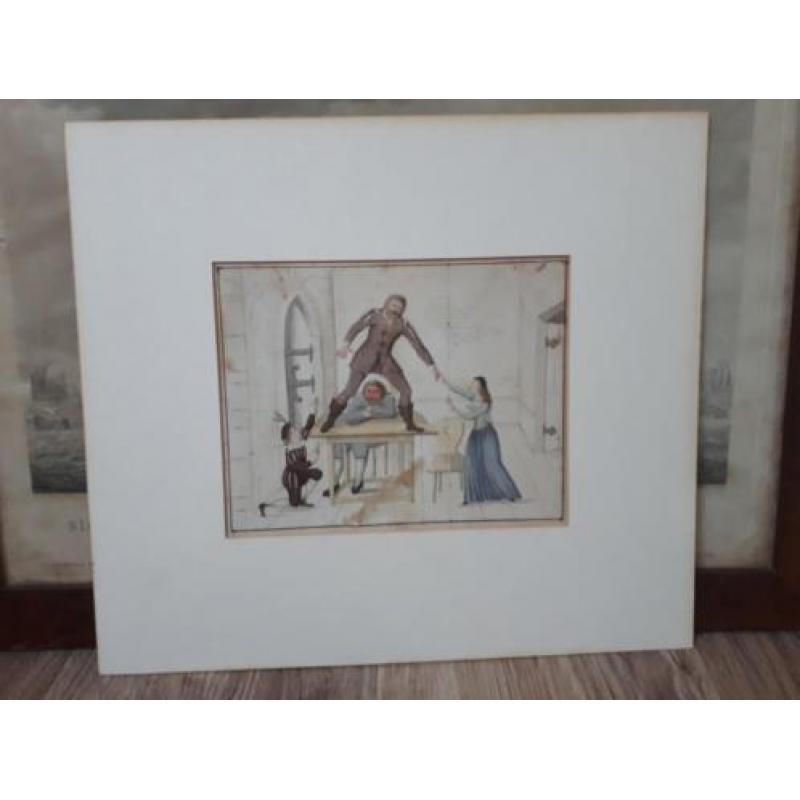 Oude aquarel met personen - 18e eeuw