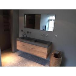 Badmeubel betonlook massief eiken op maat thuis geleverd!