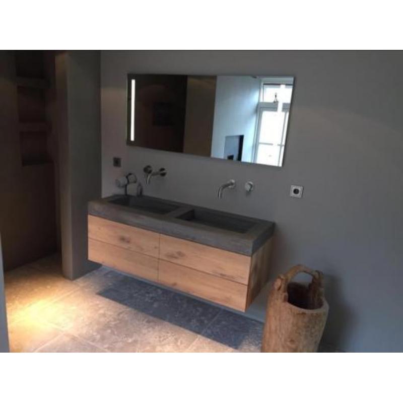 Badmeubel betonlook massief eiken op maat thuis geleverd!